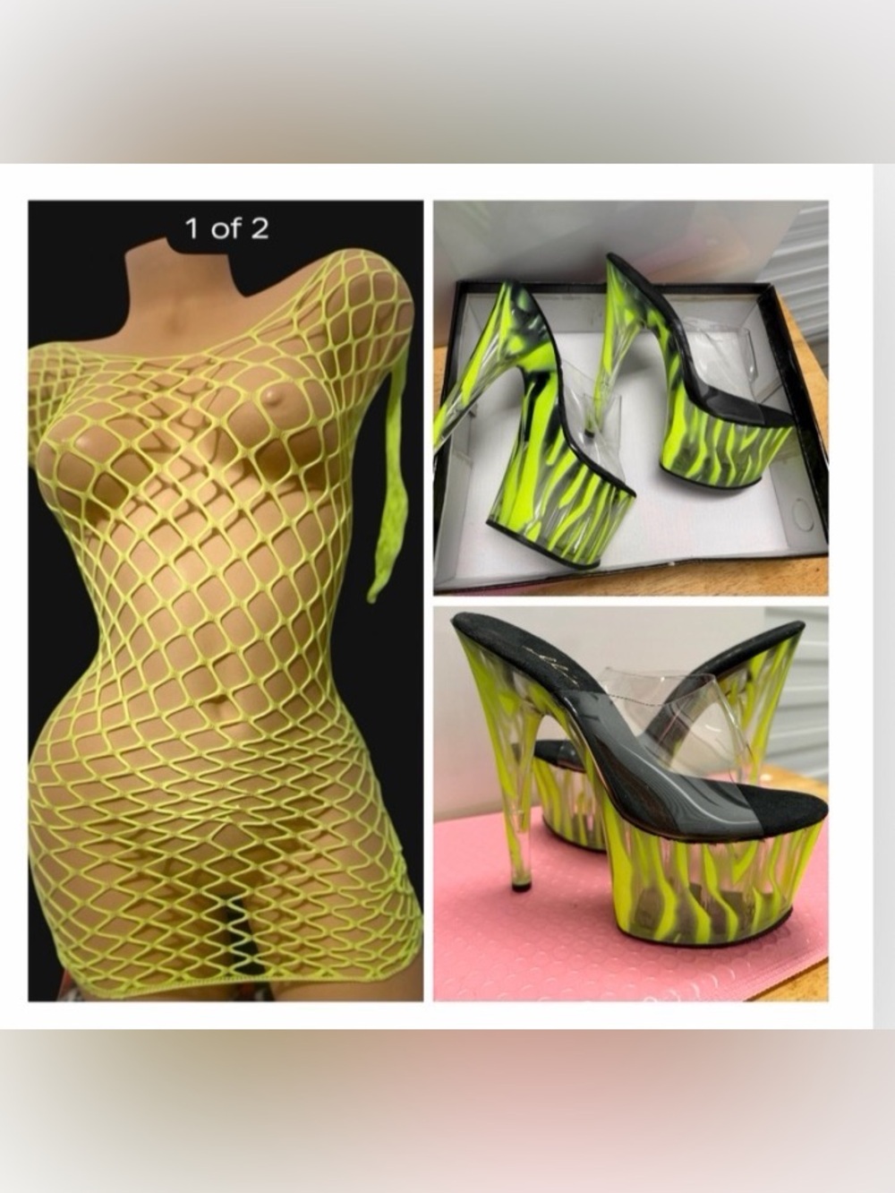 Neon Yellow High Platform Clear Strap Stiletto Heels neon fishnet lingerie